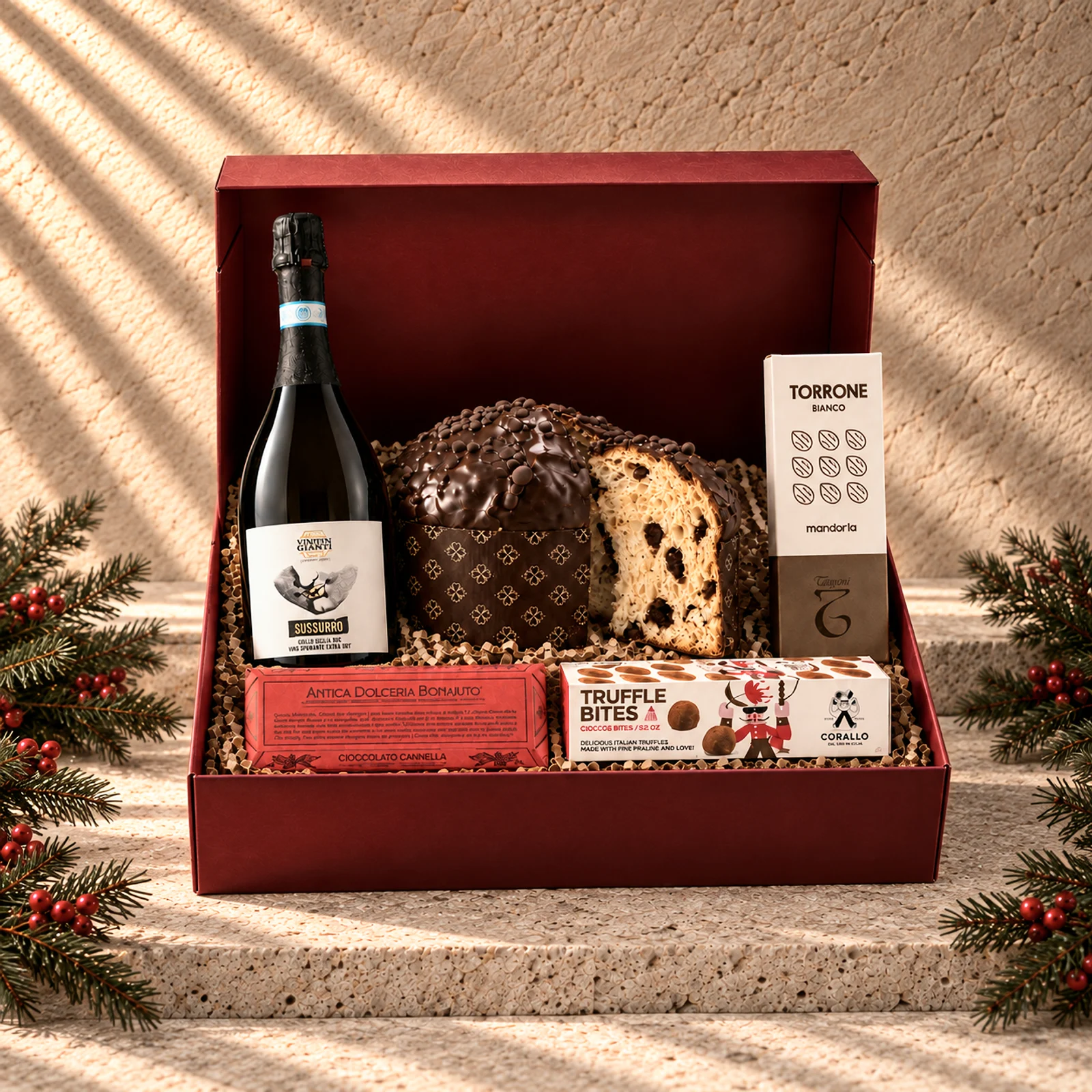 PANARU BOX aperta con panettone al cioccolato, spumante siciliano e specialità artigianali siciliane