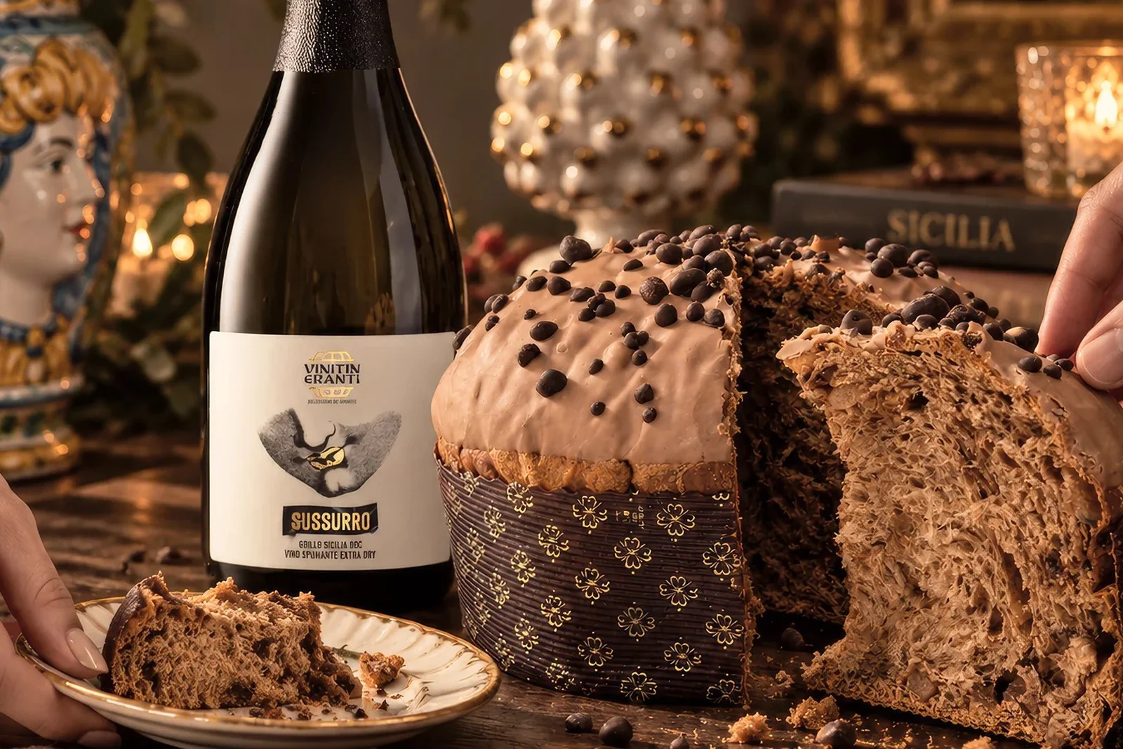 Panettone artigianale tagliato, spumante siciliano e libro sulla Sicilia — scelta del regalo aziendale PANARU BOX