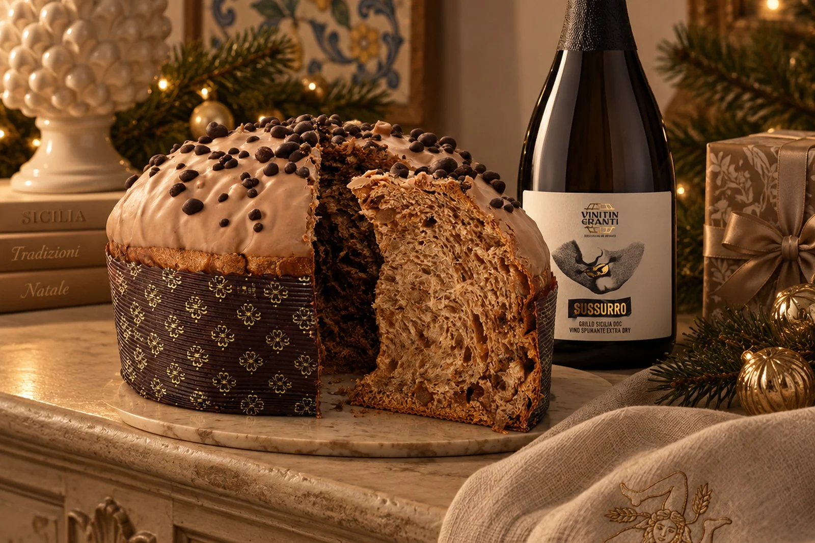 Composizione natalizia siciliana con panettone, spumante e tovagliolo ricamato con la Trinacria — regalo B2B PANARU BOX